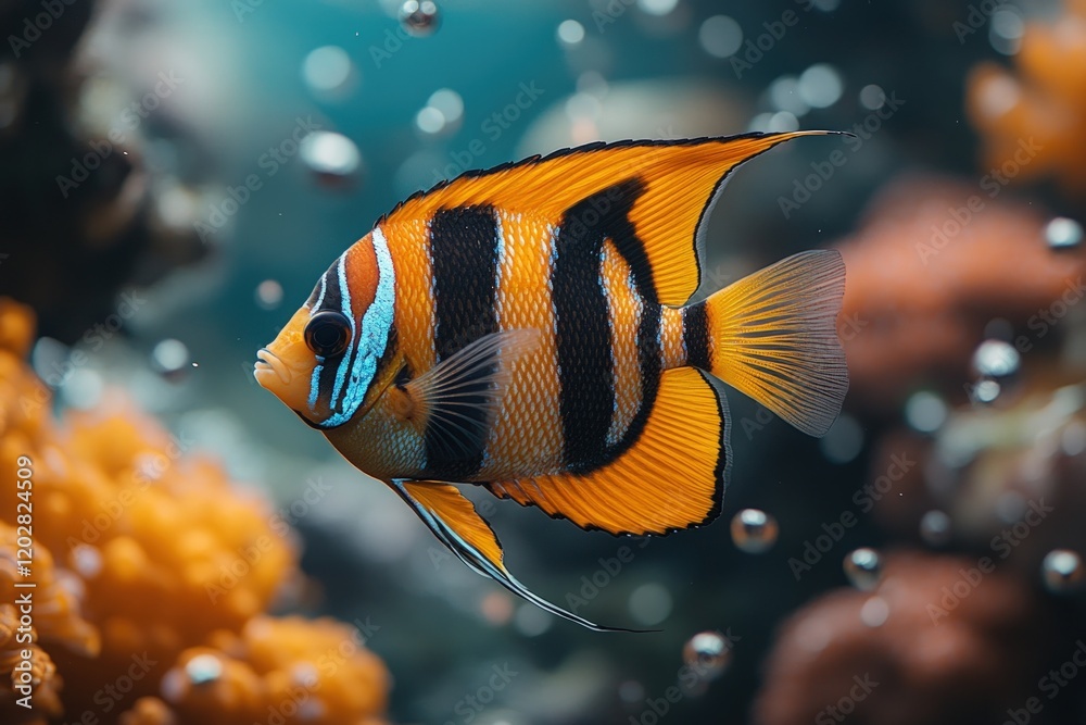Naklejka premium Striped orange angelfish swims in aquarium.