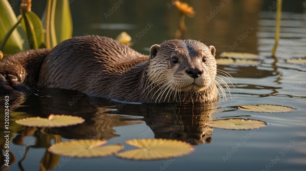 A playful otter swims among lily pads in a serene water setting. A playful otter swims among lily pads in a serene water setting.