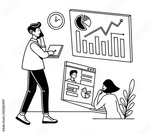 Set business flat line art vector illustration design cartoon character working action style concept. online video conference meeting. Business planning. data analytics