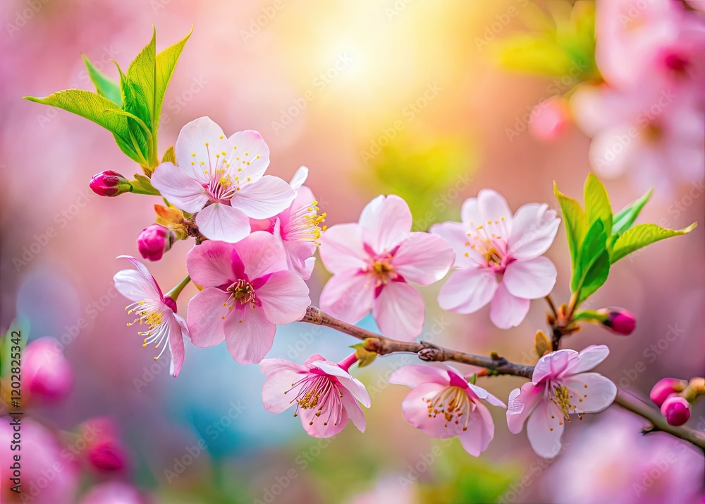 Naklejka premium Delicate pink cherry blossoms, macro-captured; spring's floral artistry in a sprig.
