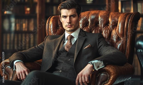 Stylish man in a vintage library chair exuding confidence