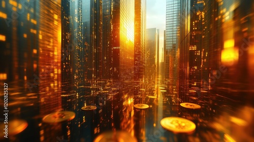 A futuristic cityscape with golden coins floating amidst towering skyscrapers during sunset.