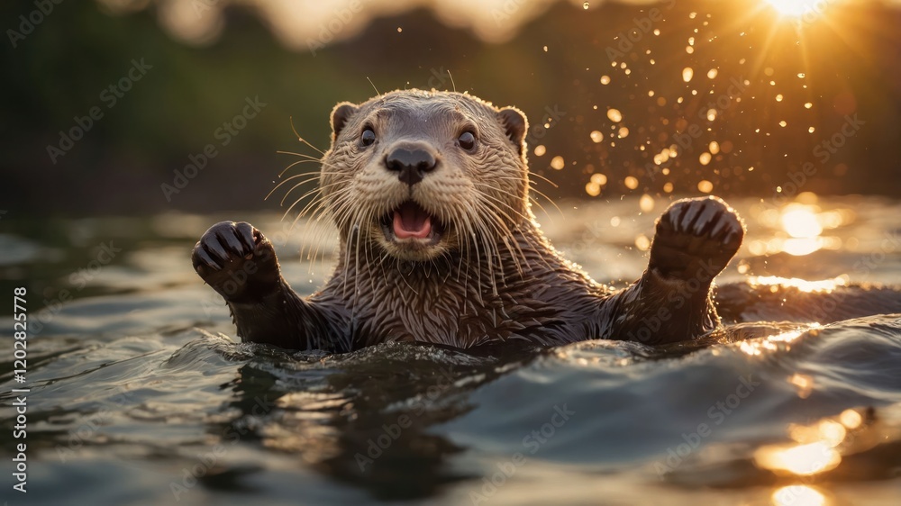 A cheerful otter splashes in the water, enjoying a sunny day. A cheerful otter splashes in the water, enjoying a sunny day.