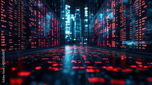 A futuristic data center illuminated by red and blue lights, showcasing digital information flow.