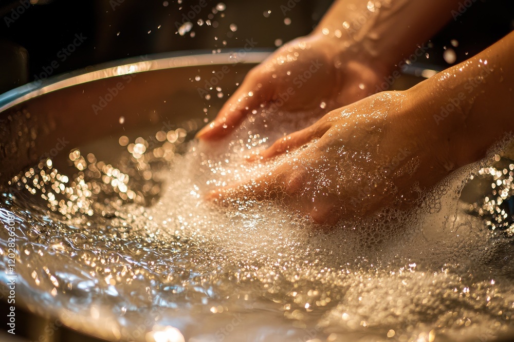 Fototapeta premium Hands scrubbing pots in a sink kitchen closeup image hygienic environment indoor viewpoint cleaning concept