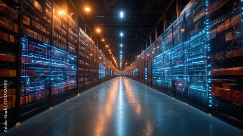 A futuristic data center with illuminated shelves and digital displays along the corridor.