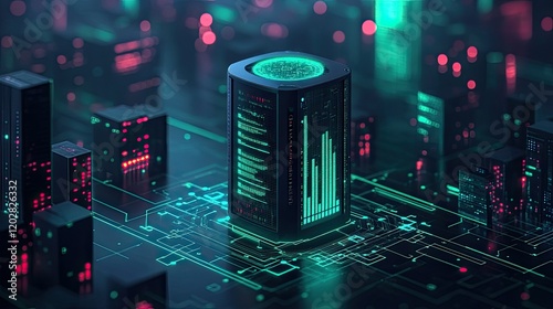 A futuristic data center surrounded by digital circuits and vibrant neon lights.