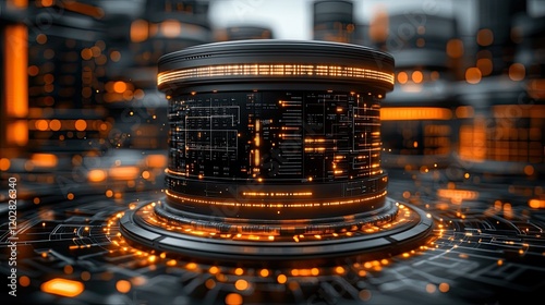 A futuristic data hub with glowing orange elements, symbolizing advanced technology and digital networks.