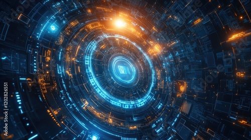 A futuristic digital abstract design featuring glowing circuits and patterns.