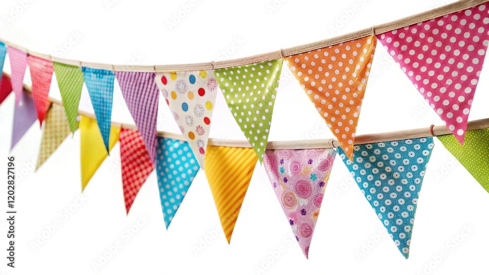 Fototapeta premium Festive Bunting Flags, Colorful Party Decorations, Bright Holiday Banner, Celebration String Lights