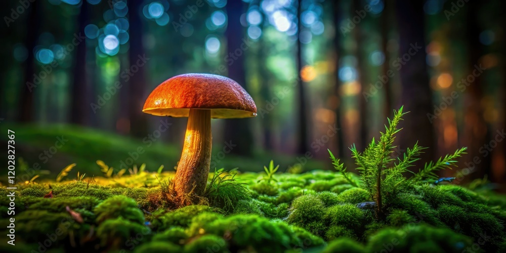 Enchanting low-light shot: chestnut mushrooms thrive on a mossy forest floor, glowing subtly. Enchanting low-light shot: chestnut mushrooms thrive on a mossy forest floor, glowing subtly.