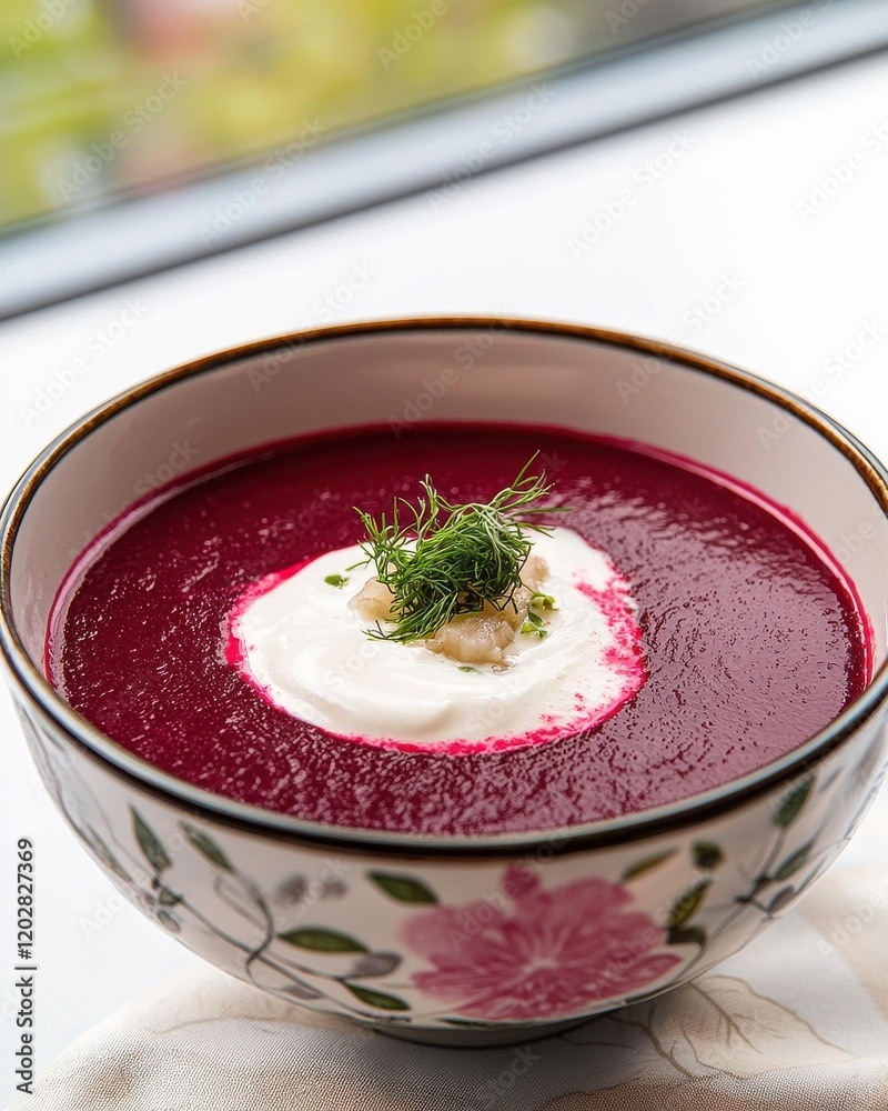Delicious beet soup with sour cream and dill served in a charming bowl indoor setting gourmet Delicious beet soup with sour cream and dill served in a charming bowl indoor setting gourmet