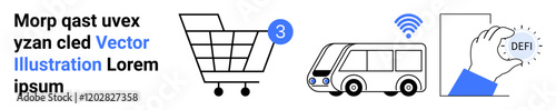 Shopping cart with a 3 notification, a bus with wireless signal, hand holding a DEFI token. Ideal for online shopping, smart transportation, decentralized finance, technology trends, digital