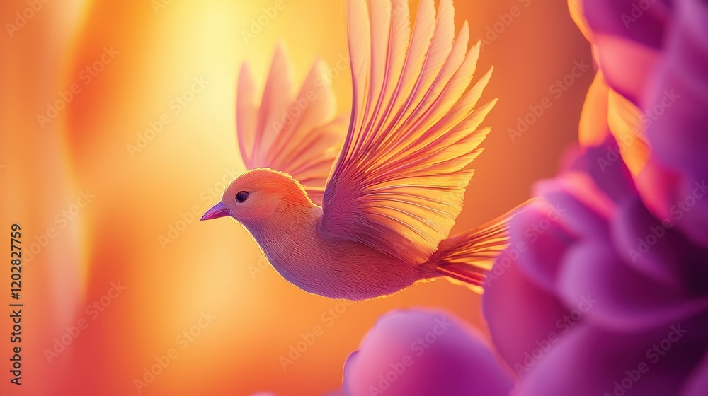 Fototapeta premium Colorful bird in flight through vibrant tunnel nature scene fantasy landscape bright atmosphere close-up perspective