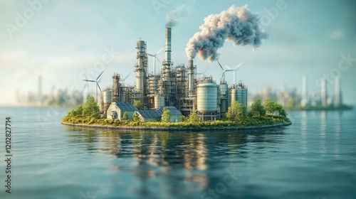 A futuristic industrial island with factories, wind turbines, and greenery, showcasing sustainable energy.