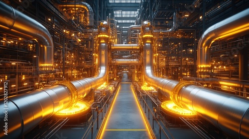 A futuristic industrial scene featuring glowing pipes and machinery in a high-tech environment.