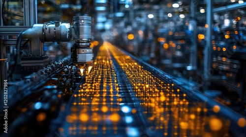 A futuristic industrial setting with robotic machinery processing materials on a conveyor belt.