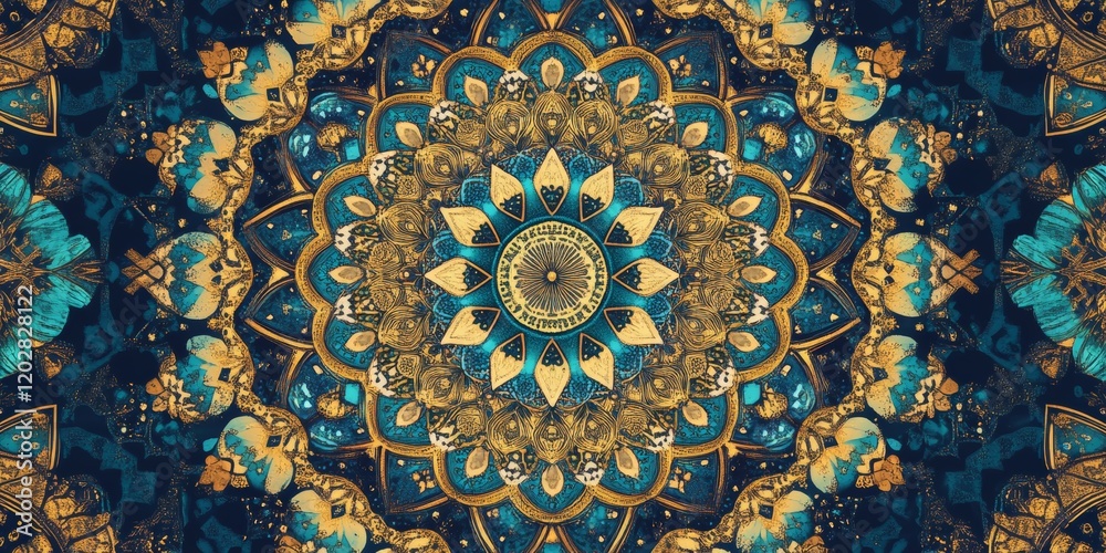 A complex geometric ornament in oriental style, consisting of many small details: stars, circles and straight lines. Warm colors: gold, turquoise, deep blue. A complex geometric ornament in oriental style, consisting of many small details: stars, circles and straight lines. Warm colors: gold, turquoise, deep blue.