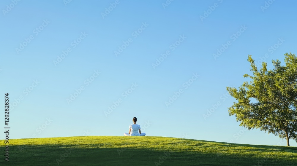Minimalist outdoor meditation scene in panoramic view, solitary figure seated on gentle grassy slope against pristine azure sky, white athletic wear creating stark contrast, vibrant green trees Minimalist outdoor meditation scene in panoramic view, solitary figure seated on gentle grassy slope against pristine azure sky, white athletic wear creating stark contrast, vibrant green trees