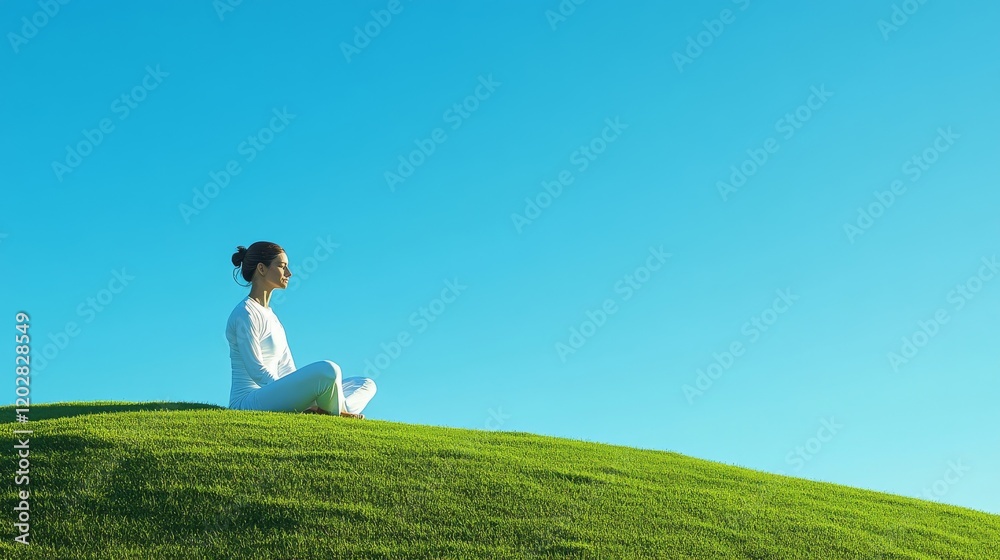 Zen outdoor portrait in wide panoramic format, peaceful figure in white activewear seated on verdant hillside, clean geometric composition against pure blue sky, mindful wellness photography style, Zen outdoor portrait in wide panoramic format, peaceful figure in white activewear seated on verdant hillside, clean geometric composition against pure blue sky, mindful wellness photography style,