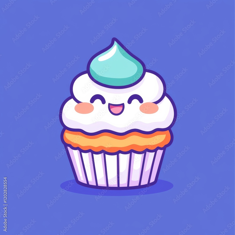 A cute cartoon cupcake with a smiling face, topped with fluffy white icing and a light blue swirl, set against a vibrant purple background. A cute cartoon cupcake with a smiling face, topped with fluffy white icing and a light blue swirl, set against a vibrant purple background.
