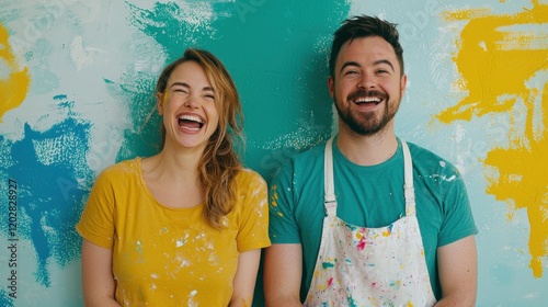 Couple renovating their home painting walls together living room bright joyful home improvement concept