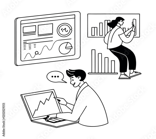 Set of 3 business people analyzing data vector illustrations