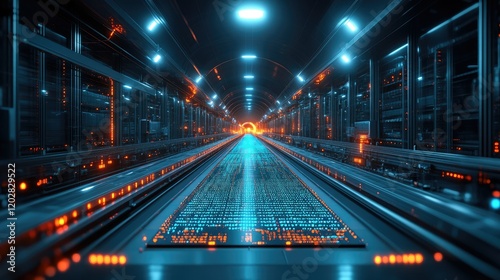 A futuristic tunnel filled with glowing data streams and vibrant lights, suggesting advanced technology.