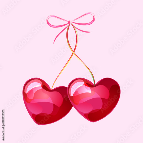 Vector heart shaped cherries with ribbon