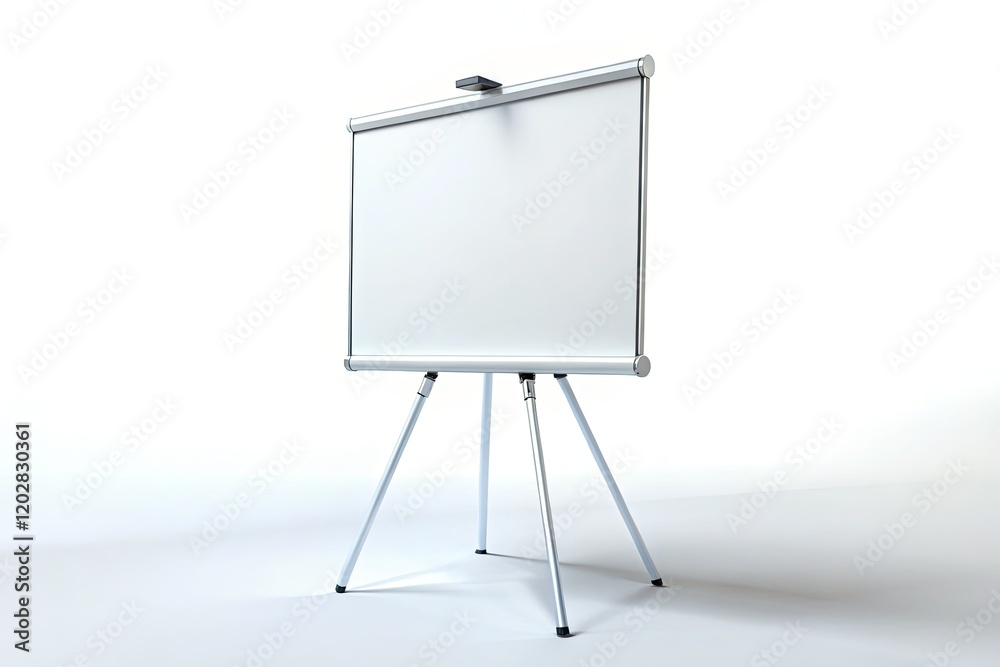 High-resolution drone shot: a pristine white 3D-rendered whiteboard on a tripod, isolated against a stark white backdrop. High-resolution drone shot: a pristine white 3D-rendered whiteboard on a tripod, isolated against a stark white backdrop.