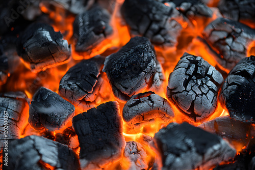 Burning flame briquette glowing intensely on a dark textured background photo