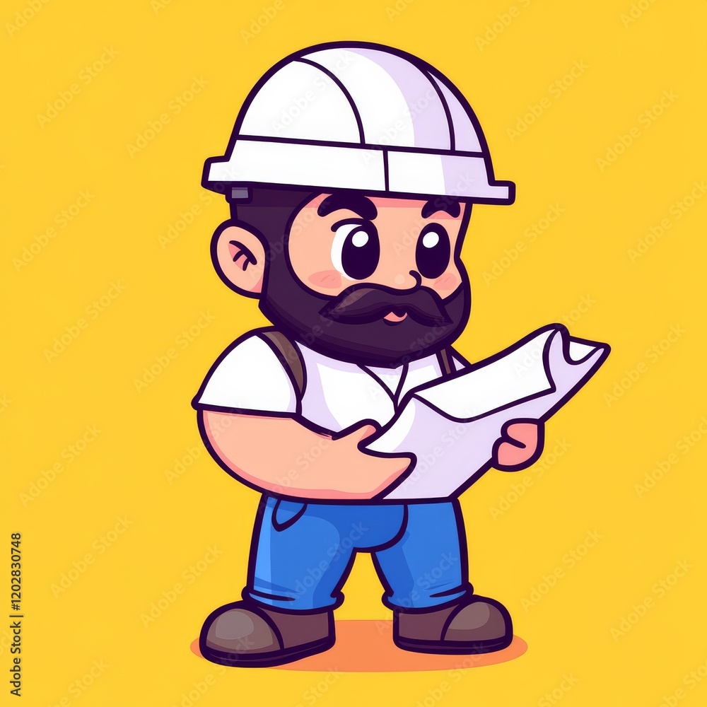A cheerful cartoon construction worker wearing a helmet and holding blueprints, set against a bright yellow background. A cheerful cartoon construction worker wearing a helmet and holding blueprints, set against a bright yellow background.