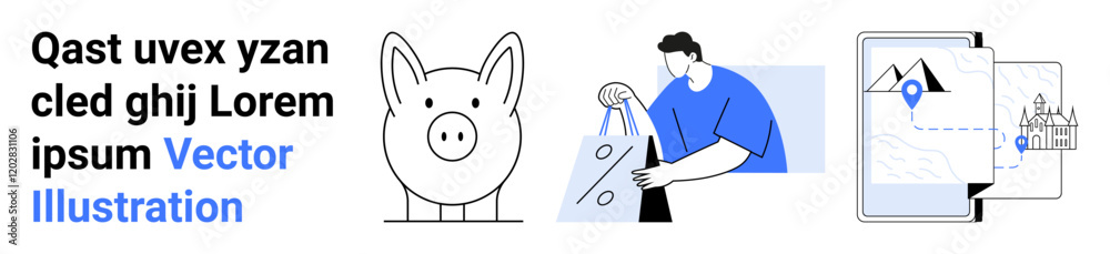Piggy bank, person holding shopping bags, and digital screens with location markers. Ideal for finance, savings, shopping, budgeting, mobile apps navigation technology. Landing page Piggy bank, person holding shopping bags, and digital screens with location markers. Ideal for finance, savings, shopping, budgeting, mobile apps navigation technology. Landing page