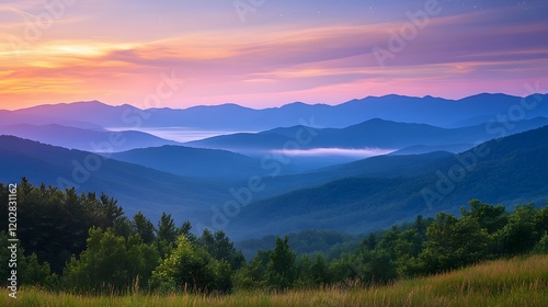 Serene Sunset Over Misty Mountain Ranges