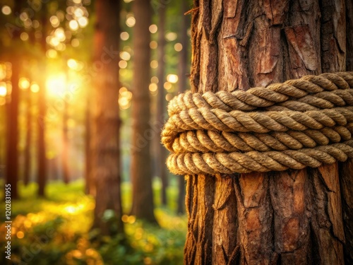 Intricate rope entwines a weathered tree, blurred forest dreaming in the background. photo