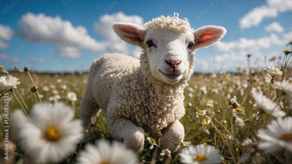 A playful lamb among daisies under a blue sky, showcasing nature's beauty and innocence.