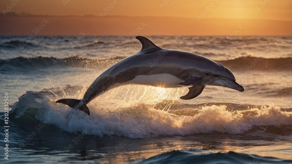 Fototapeta premium A dolphin leaps gracefully above ocean waves at sunset, showcasing its agility and beauty.