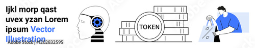 Human head connected to cogwheel representing AI, stack of tokens highlighting cryptocurrency, data analysis. Ideal for technology, machine learning, AI, fintech, cryptocurrency, data science