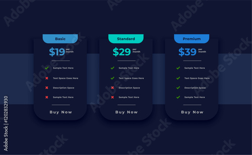 3 category basic, standard and premium pricing plan template design