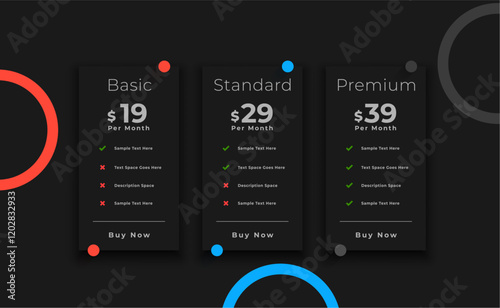 three column pricing chart template for UI/UX app