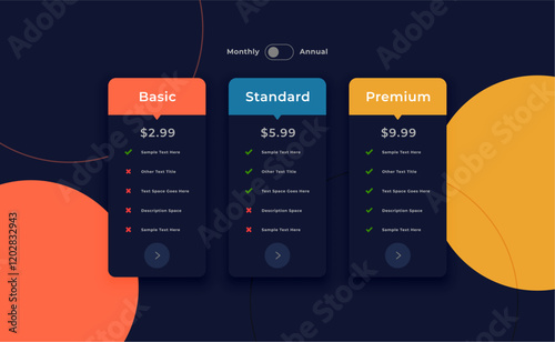3 column pricing chart table layout for web menu or tariff