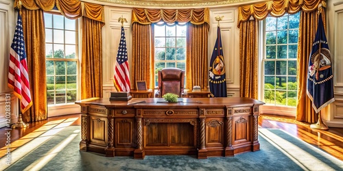 Presidential Desk, Oval Office, US President's Room,  American History,  Executive Office, Washington DC,  Official Desk,  Presidential Seal,  White House Interior
