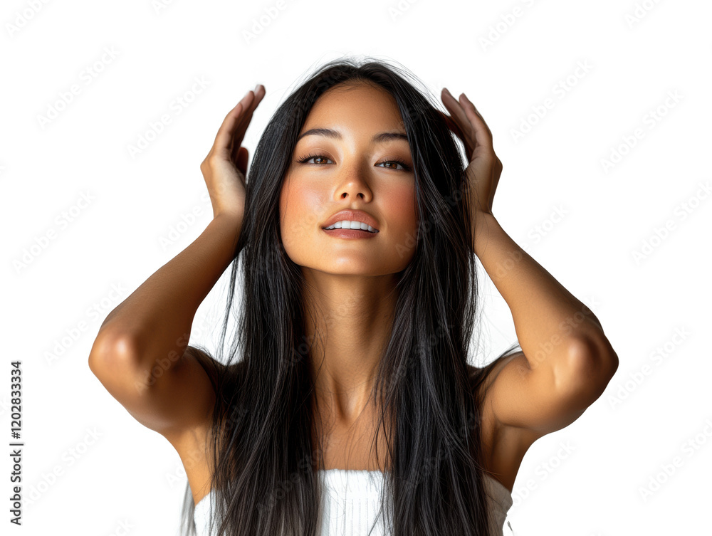 A highly realistic portrait of a woman with long straight black hair, white shirt, showcasing a of facial expressions such as surprised A highly realistic portrait of a woman with long straight black hair, white shirt, showcasing a of facial expressions such as surprised