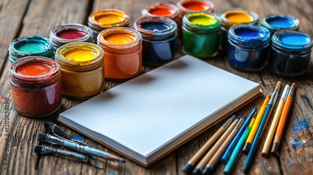 Colorful paints, blank sketchbook, paintbrushes, wooden table. Colorful paints, blank sketchbook, paintbrushes, wooden table.