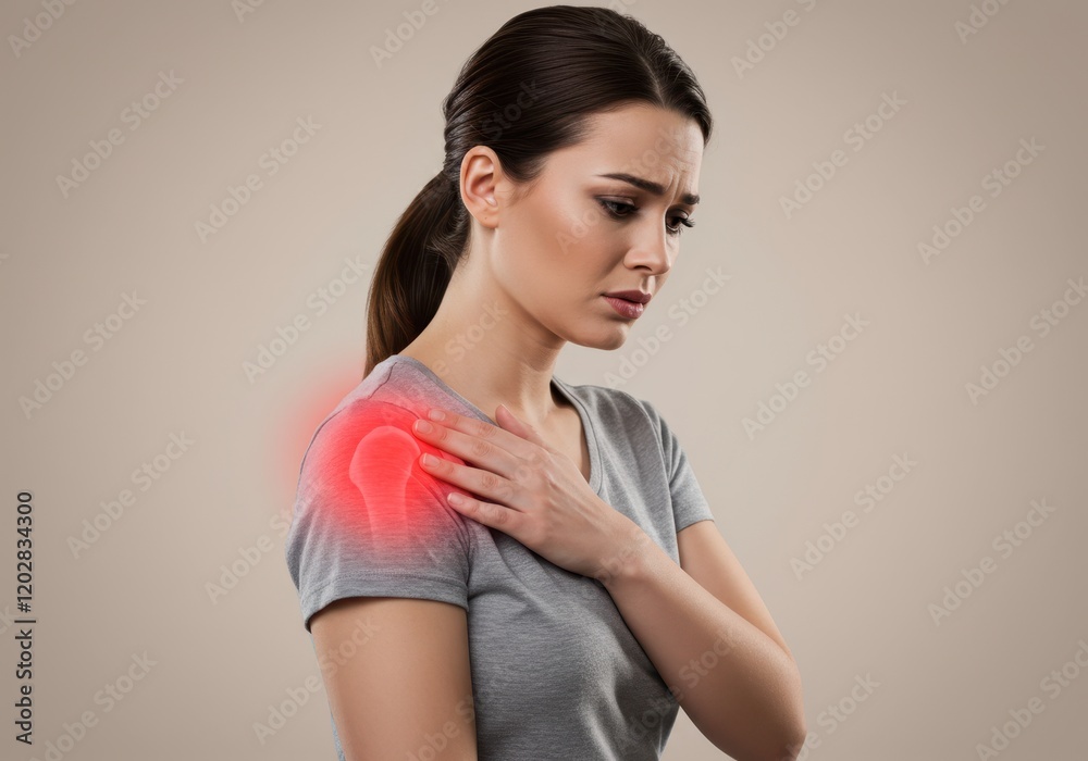 Fototapeta premium Woman with shoulder pain highlighted by red glow in casual attire