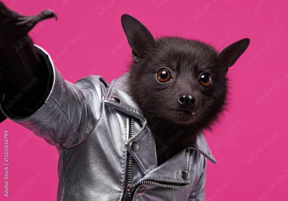 Chic bat in silver jacket posing against vibrant pink background Chic bat in silver jacket posing against vibrant pink background
