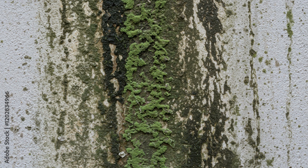 Fototapeta premium Green moss and streaks on weathered wall surface texture background