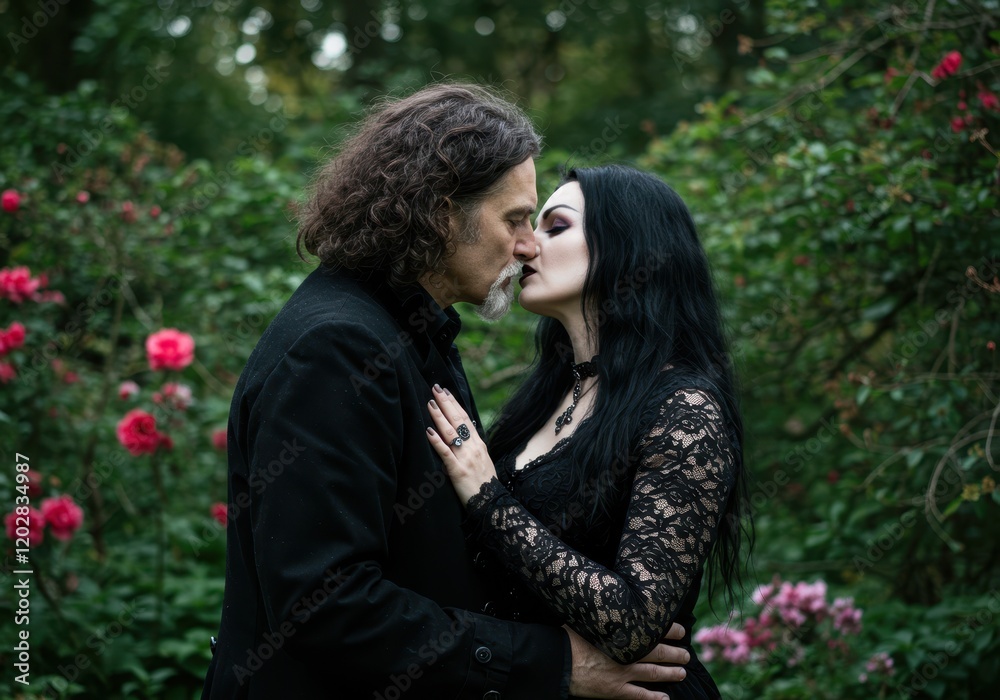 Gothic couple embracing in lush garden setting with pink flowers Gothic couple embracing in lush garden setting with pink flowers
