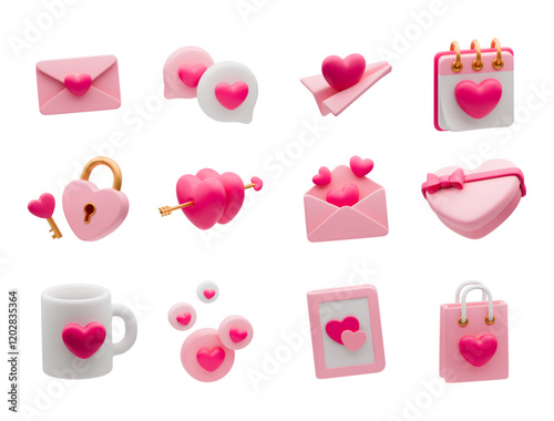 3D love set. Valentine's day realistic vector concept. Love icons for declaration of love, romantic date, anniversary. Heart, gift, romantic letter, cup, card and other love symbol on white background