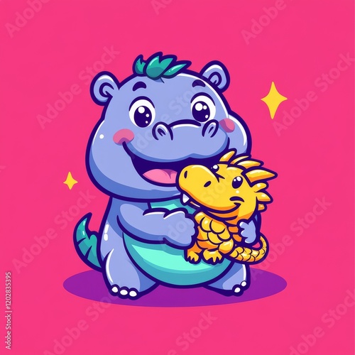 A cute cartoon hippo joyfully holds a small yellow dragon, set against a vibrant pink background, radiating happiness and playfulness. photo